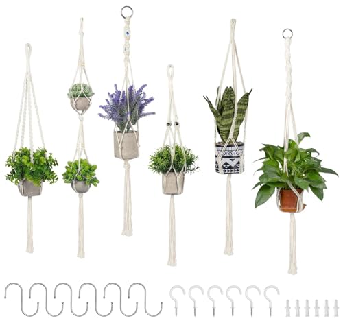 Makramee Blumenampel 6er Set aus Naturbaumwolle – Hängeampeln für Blumentöpfe & Pflanzen, Innen-/Außendeko an Decke, Balkon und Wand – Boho-Deko in Beige von Beutrain