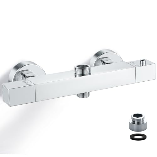 Duscharmatur mit Thermostat, Bevankly Duschthermostat Duscharmatur Messing Mischbatterie für Dusche mit 2 Auslässen Chrom, Oben 3/4"BSP (26.4 mm) + Unten 1/2"BSP (21 mm) von Bevankly