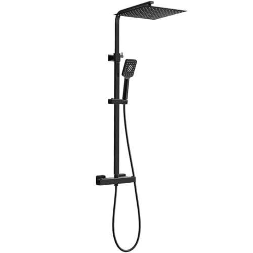 Duschsystem mit Thermostat Schwarz Duscharmatur Komplettset, Bevankly Thermostat Duschset mit 30X30CM Regendusche Duschkopf und Handbrause, Schwarz Regendusche mit Armatur, 80-125CM von Bevankly