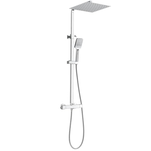 Quadrat Duschsystem mit Thermostat, Bevankly Chrom Duscharmatur Komplettset, Thermostat Duschset mit 30X30CM Regendusche Duschkopf und Handbrause, Chrome Regendusche mit Armatur, 80-125CM von Bevankly