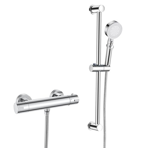 Thermostat Duscharmatur mit Brausegarnitur, Wand Duscharmatur Komplettset Duschsystem mit Thermostat, Duschset mit Duschstange 635mm | Handbrause | 1.5m Schlauch, Chrom, Sicherheitssperre bei 38 °C von Bevankly