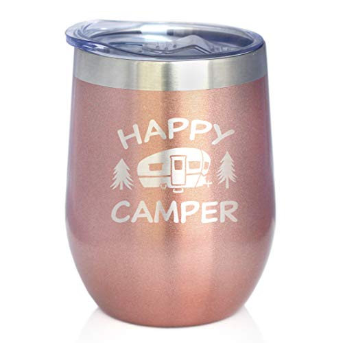 Happy Camper Weinglas mit Schiebedeckel – Stielloser Edelstahl-Isolierbecher – niedlicher Campingbecher für den Außenbereich – Roségold von Bevvee