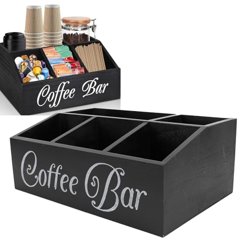 Bewinner Kaffeebar-Organizer mit 5 Fächern, Kaffeestation-Organizer aus Holz, Kaffeebar-Zubehör, Kaffeebar-Müllbox für Arbeitsplatte (schwarz) von Bewinner