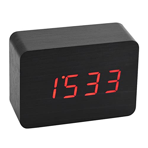 LED-Holzwecker, Weckfunktion/Sprachsteuerung und Dauerlichtmodus/Digitales Schreibtischthermometer Klassischer Timer, Digitaler Wecker (Schwarzes Holz + rotes Licht) von Bewinner