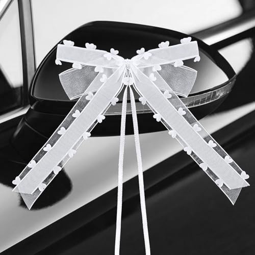 Bewudy 10 Stück Autoschleifen Hochzeit, Weiß Organza Autoschmuck Hochzeit Auto Deko Schleifen mit Herzen Antennenschleifen für Hochzeitsfeier Geburtstag Geschenverpackung Hochzeitsband (16×26 cm) von Bewudy