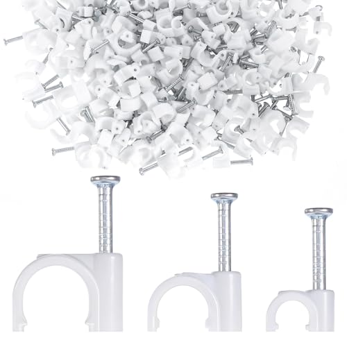 Bewudy 3 Größen Kabelschelle Nagelschellen, 300 Stück Weiß Kabel Befestigungen Kabelhalter Wand Mit Eingestecktem Nagel Kabelbefestigung Kabelclips Wandmontage für Starkstromkabel(4mm, 6mm, 8mm) von Bewudy