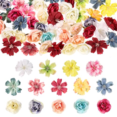 Bewudy 50 Stück Mini Kunstblumen Blumenköpfe, Mehrfarbig Künstliche Blumen Köpfe Zum Basteln 4cm Seidenblumen Blütenköpfe Fake Rosen Blumendeko für DIY Basteln Scrapbooking Hochzeit Home Handwerk von Bewudy