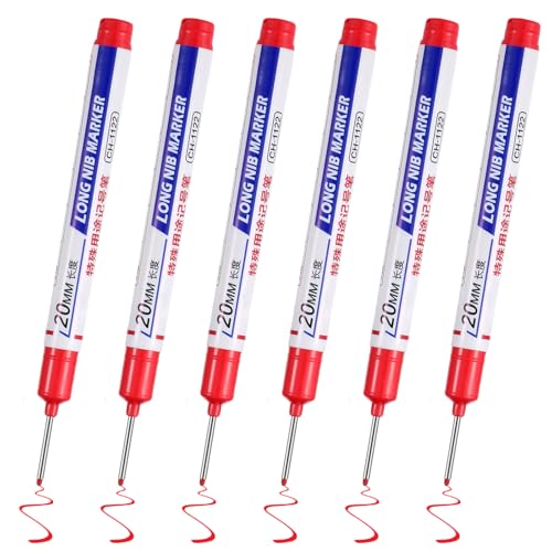Bewudy 6 Stück Tieflochmarker 20mm, Extralange Spitze Bohrlochmarker Kunststoff Baustellenstifte Tieflochmarker für Holz Kunststoff Wand Metall Karton Baustellen Stift(Rot) von Bewudy