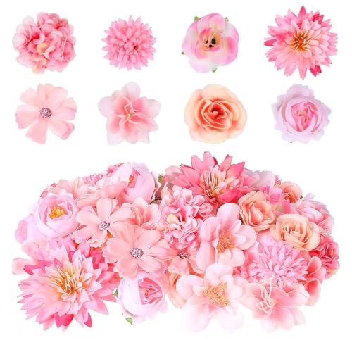 Bewudy 60 Stück Blumenköpfe zum Basteln, Klein Künstliche Blumen Rosa Kunstblumen Köpfe Seidenblumen Rosen Hortensien Blütenköpfe Dekoblumen für DIY Basteln Scrapbooking Hochzeit Party Home Deko von Bewudy