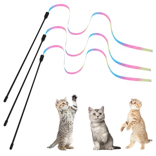Bewudy 3 Stück Katzen Zauberstab Spielzeug Set, 28 cm Interaktiver Zauberstab Mit 60 cm Regenbogenbandschnur, Regenbogenspielzeug für Kätzchen Trainingsgerät Indoor von Bewudy