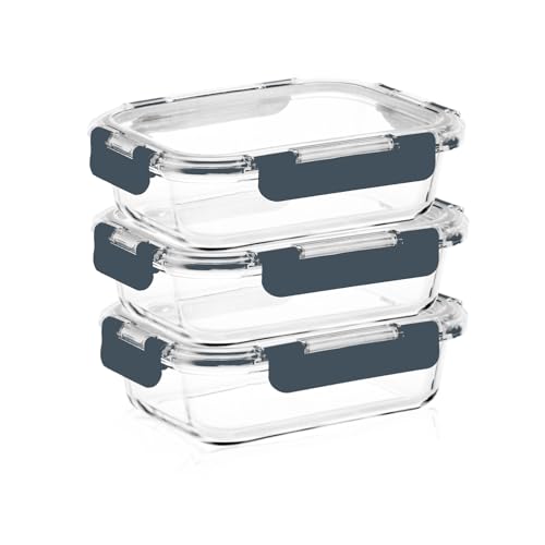 Bewunder Kyoto Frischhaltedose Mealprep-Set mit 3 Glasbehälter + 3 Kunststoffdeckeln (Grau) | 100% dicht + hygienisch | Spülmaschinen-, Mikrowellengeeignet von Bewunder