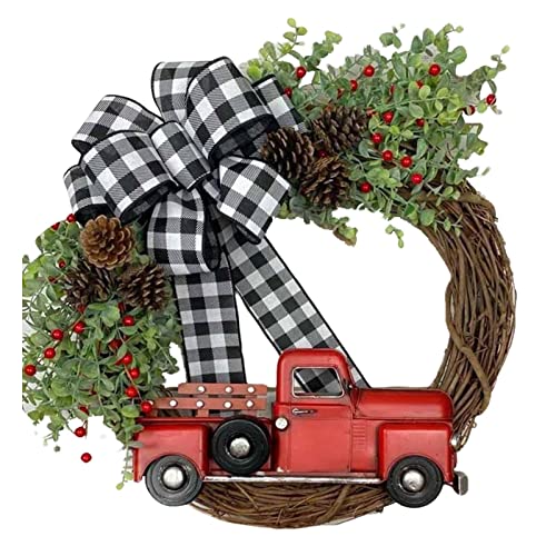 Bexdug Roter LKW-Weihnachtskranz,40 cm Weihnachtstürdekoration mit weihnachtlichen roten LKW-Bogenknoten | Red Truck Christmas Reef Winter Holiday Hanging Ornaments für Türfenster von Bexdug