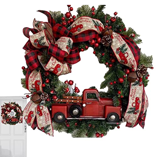Bexdug Roter LKW-Weihnachtskranz | 40 cm Weihnachtstürdekoration mit weihnachtlichen roten LKW-Bogenknoten - Frohe Weihnachten hängende Dekoration Eukalyptus Girlande für Haustür Fenster Kamin von Bexdug