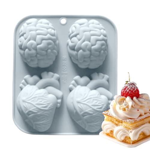 Bexdug Silikone Förmchen Für Schokolade,4-Fach Realistische 3D Gehirn Herz Kerzen Gussformen | Werkzeug Für Bastelarbeiten Muffin Seife Schokolade Dessert von Bexdug