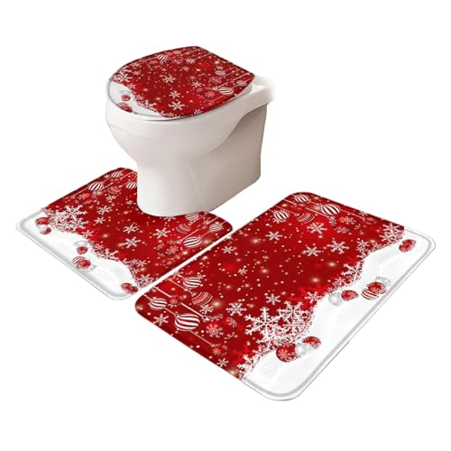 Bexdug Weihnachts Badezimmer Teppich Set,Toilettensitzbezug Weihnachtsmatte - rutschfeste Bodenmatten Für Haus Wohnung Hotel Hostel Ferienhaus Winterurlaub von Bexdug