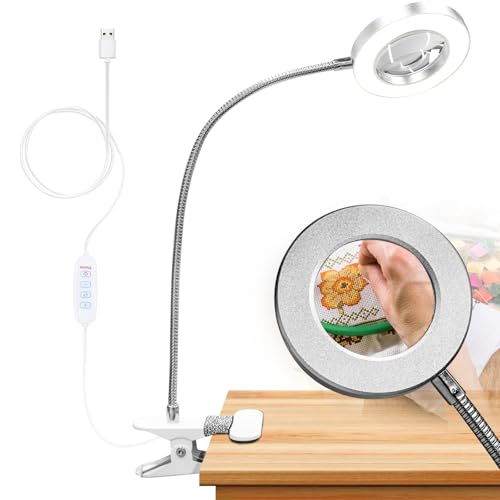 Beyamz LED-Klemmleuchte mit 5-facher Lupe, Klemmlampe, Schwanenhals-Leselampe, Nachttischlampe, 500 lm, 3-farbige dimmbare LED-Ringlichter (Adapter Nicht im Lieferumfang enthalten) von Beyamz