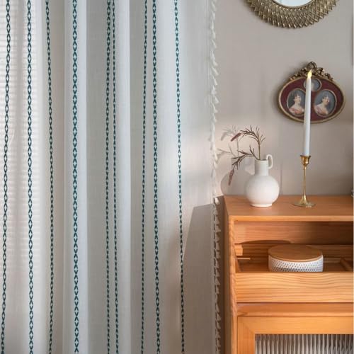 Beydodo Blickdichte Vorhänge Stangendurchzug 2er Set 132x45CM, Gardinen Verdunkelnd Wohnzimmer Weiß Leinenoptik Stickerei mit Grünen Streifen Modern Schiebevorhänge Wohnzimmer Kinderzimmer von Beydodo