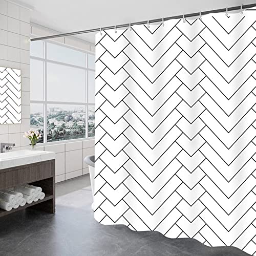 Beydodo Duschvorhänge für Badewannen, Duschvorhang 240x200 Antischimmel Weiß mit Schwarz Geometrisch Muster Badvorhange Duschvorhänge Waschbar Polyester von Beydodo