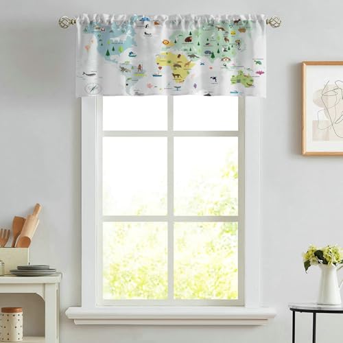 Beydodo Gardine Kurz Fenster, Küchengardine Cartoon 152x45CM Tierkarte Muster Bistrogardine Scheibengardine Blickdicht, Multicolor 1 Stück von Beydodo