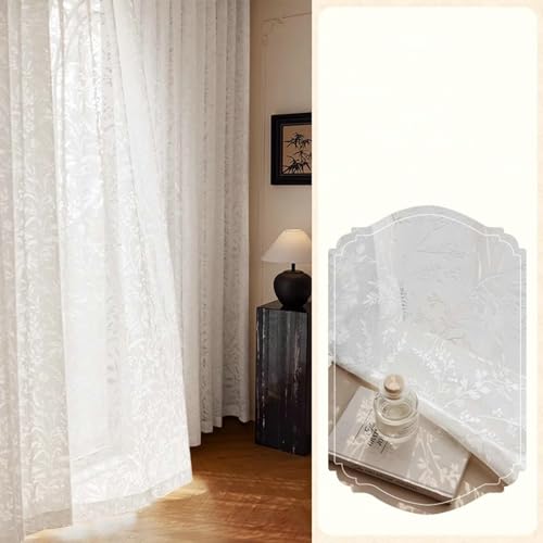 Beydodo Gardinen 2er Set mit Haken 86x183CM, Vorhänge Halbtransparent Weiß Texturiert mit Blumen und Blätter Muster Modern Gardinen Lichtdurchlässig Schiebevorhänge Wohnzimmer Schlafzimmer von Beydodo