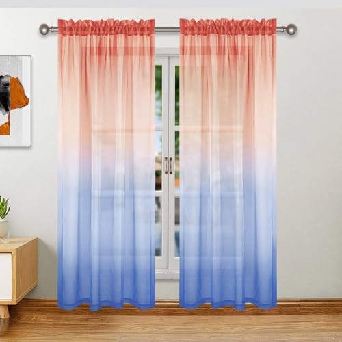 Beydodo Gardinen Küche Halbtransparent 132x241CM, Vorhänge Stangendurchzug 2er Set Orange Blau Farbverlauf Fenstergaze Modern Schiebevorhänge GardinenSchlafzimmer Wohnzimmer Küche von Beydodo