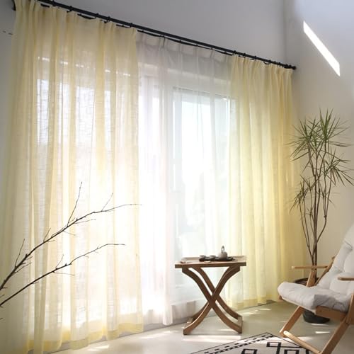 Beydodo Gardinenschals 2er Set Gelb 132x214CM, Vorhänge Halbtransparent Haken Modern Einfarbig mit Muster Lichtdurchlässige Gardinen Polyester Schiebevorhänge für Wohnzimmer Schlafzimmer Küche von Beydodo
