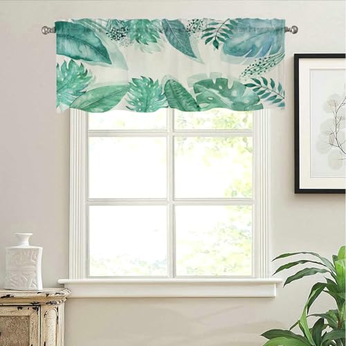 Beydodo Küchengardine Kurz Fenster, Bistrogardine Scheibengardine Blickdicht 152x45CM Nordisch Bedruckt Grün Blätter Muster Vorhang Kurz, 1 Stück von Beydodo