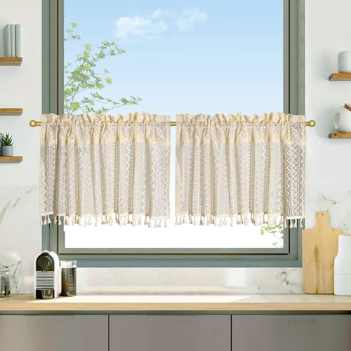 Beydodo Kurz Gardinen Fenster Halbtransparent, Küchengardinen Boho mit Muster Geometrie 100x60CM Scheibengardinen Bistrogardinen Kurz 2er Set von Beydodo