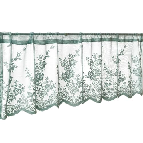 Beydodo Kurz Vorhang Fenster Vintage, Bistrogardine Halbtransparent 60 cm Hoch Spitze mit Blumen Muster Scheibengardine Küchengardine Kurz Grün 150x60CM, 1 Stück von Beydodo
