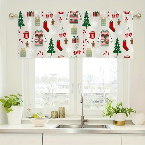 Beydodo Kurz Vorhang Fenster Weihnachten, Bistrogardine Blickdicht 45 cm Hoch Bedruckt Muster Scheibengardine Küchengardine Kurz Rot Grün Weiß 137x45CM, 1 Stück von Beydodo