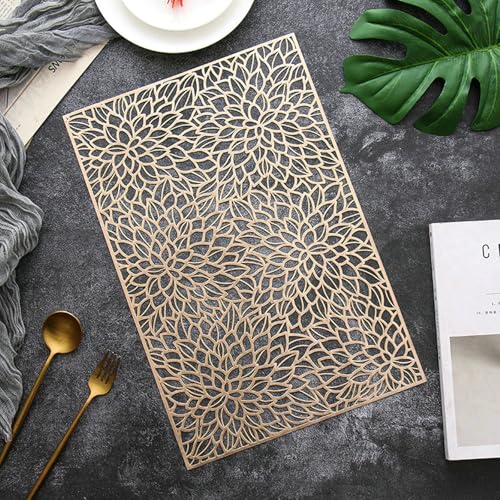 Beydodo Platzdeckchen Abwaschbar Outdoor 2er Set, Tischsets Platzsets Rechteckig 30x45CM Gold mit Motiv Lotusblumen Nordisch Platzdeckchen PVC rutschfest für Runden Tisch von Beydodo