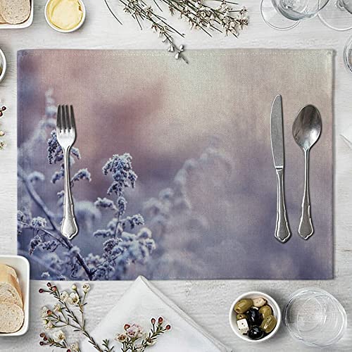 Beydodo Platzdeckchen Baumwolle 42x32, Tischsets 4er Set Abwaschbar Winter Motiv Sonnenschein und Pflanzen Muster Platzset Baumwolle für Glastisch Holztisch von Beydodo