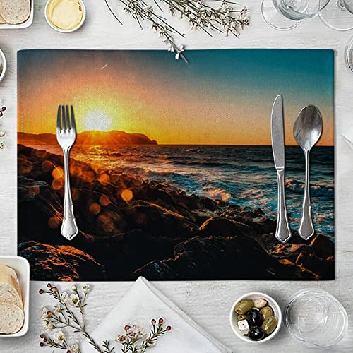 Beydodo Platzset Abwaschbar, Tischset Baumwolle 2er Set 42x32 Landschaft Motiv Sonnenuntergang am Meer Muster Platzdeckchen für Esstisch Glastisch von Beydodo