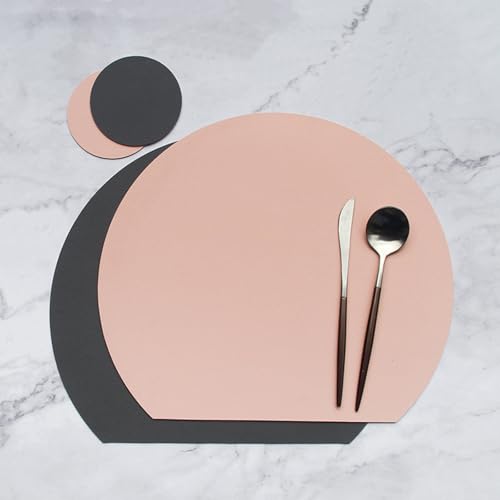 Beydodo Platzset Halbkreis, Tischsets 2er Set Abwaschbar Beidseitig Bicolor mit Untersetzer Platzdeckchen Waschbar Leder 38x33+10 rutschfest, Rosa Dunnkelgrau von Beydodo