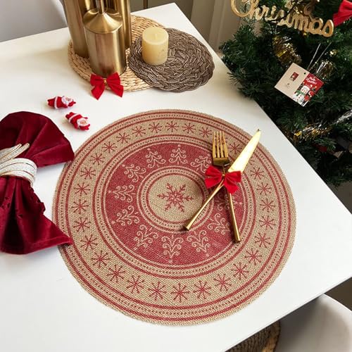 Beydodo Platzsets Waschbar 6er Set, Tischsets Abwaschbar Rund Weihnachtsbäume Schneeflocken Motiv Platzdeckchen Leinen Weihnachten 38 Rot von Beydodo
