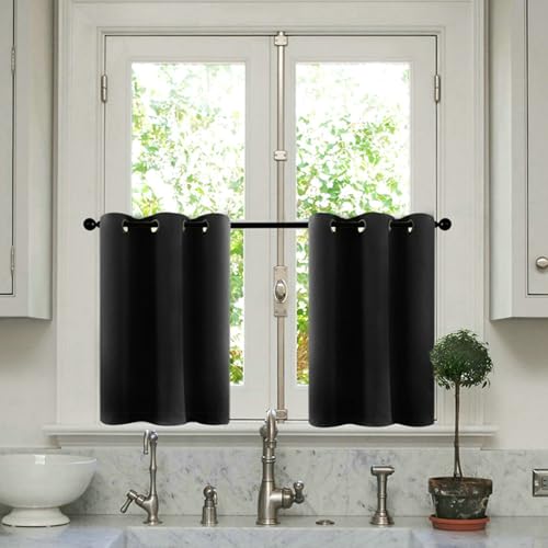 Beydodo Scheibengardinen Bistrogardinen Modern, Gardinen Kurz Fenster 132x46CM Uni Blickdichte Vorhänge mit Ösen Küchengardinen 2er Set, Schwarz von Beydodo