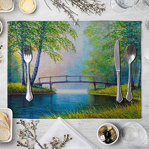 Beydodo Tischsets Abwaschbar 2er Set Wald Fluss und Brücke, Tischset Platzset Stoff rutschfest 40x30CM von Beydodo