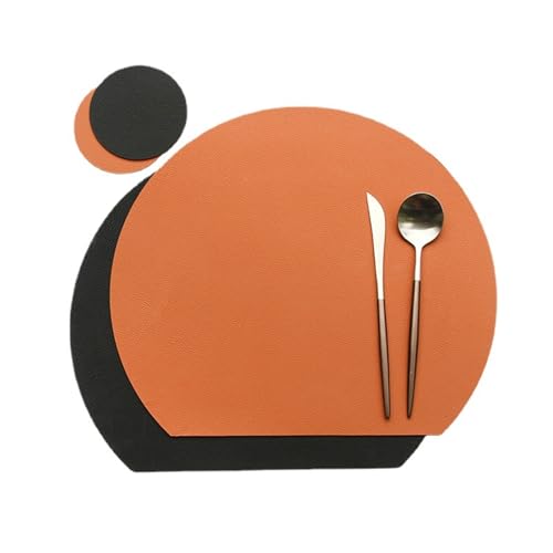 Beydodo Tischsets Platzsets 2er Set, Platzdeckchen Abwaschbar Beidseitig Bicolor mit Untersetzer Platzsets Waschbar Leder 38x33+10 Schwarz Orange Braun für Küche Speisetisch von Beydodo