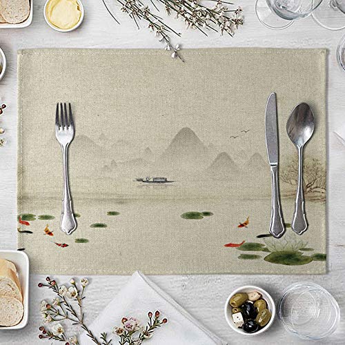 Beydodo Tischsets Stoff rutschfest 40x30CM, Berge Fluss und Fische Platzdeckchen Abwaschbar 2er Set von Beydodo