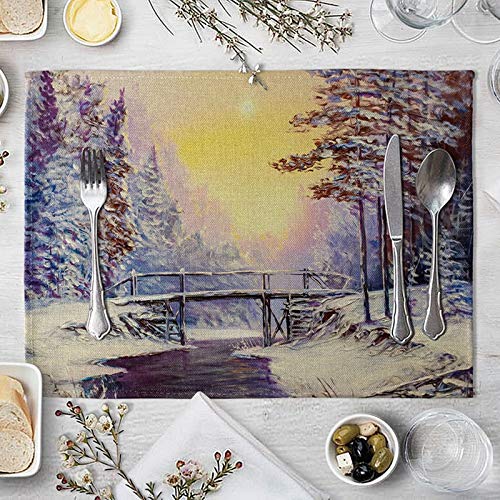 Beydodo Tischsets Stoff rutschfest 40x30CM, Platzdeckchen Abwaschbar 2er Set Winter Wald Fluss und Brücke von Beydodo