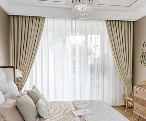 Beydodo Vorhänge Beige 2er Set mit Haken, Gardinen für Schienensystem Modern Einfach 132x214CM Gardinen Satin Halbtransparent Wohnzimmer Schlafzimmer von Beydodo
