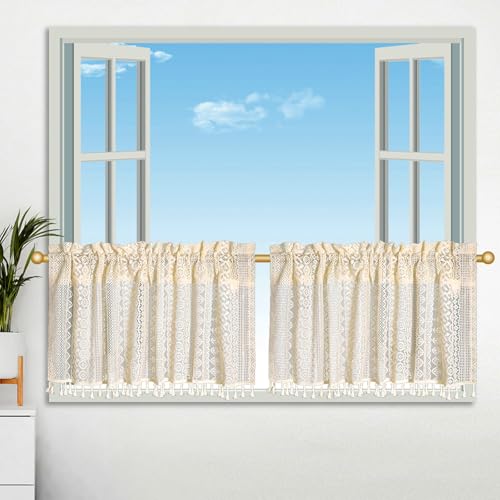 Beydodo Vorhänge Kurz 2er Set, Bistrogardine Landhausstil 90 cm Breit mit Muster Blumen Geometrie Gardinen Halbtransparent 90x60CM Scheibengardinen & Kurzstores Boho Wohnzimmer Küche von Beydodo