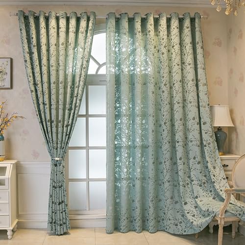 Beydodo Vorhänge mit Ösen 2er Set 107x244CM, Gardinen Polyester Grün Nordisch mit Pflaumenblüte Motiv Vorhang Halbtransparent Wohnzimmer Schlafzimmer Kinderzimmer von Beydodo
