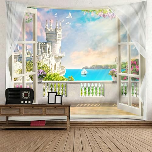 Beydodo Wandbehang Wandteppich Fensterblick, Wandvorhang Groß 260x240CM Meer und Burg Muster Wall Tapestry Wandteppiche Wandtuch Schlafzimmer Kinderzimmer von Beydodo