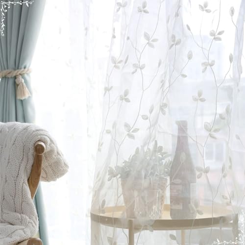 Gardinenschals 2er Set Weiß, Vorhänge Halbtransparent Schlaufen Stickerei mit Blumen Zweige Motiv 137x274CM Lichtdurchlässige Gardinen Polyester Schiebevorhänge für Wohnzimmer Schlafzimmer Küche von Beydodo