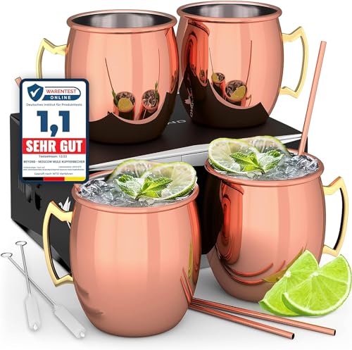 Beyond Moscow Mule Becher Set Kupferbecher - Becher aus Kupfer mit Strohalmen & Geschenkbox I Moskau Mule Kupfertasse Set mit traditionell glatter Oberfläche als Gin Tasse & für Cocktail (4er Set) von Beyond