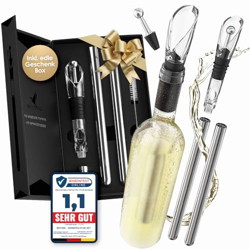 Beyond Weinkühlstab 6-teiliges Geschenk Set aus Edelstahl mit Ausgießer - Ideales Weinzubehör für Weinliebhaber I Weinkühler Set für Weißwein & Rotwein - Stab mit Dekanter - Zubehör für Weintrinker von Beyond