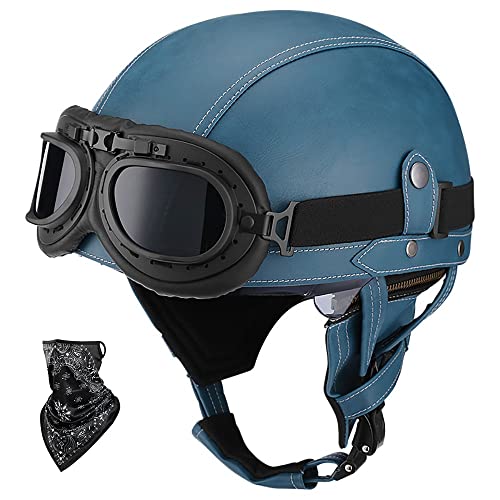 DOT/ECE Genehmigt Leder Halbschalenhelm, Retro Motorrad Halbhelm mit Brille, Schnellverschluss Schnalle, Erwachsene Halbschale Jet-Helm, Scooter-Helm, für Cruiser, Scooter(55~62CM) von Beyswage