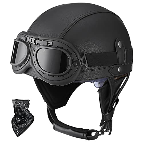 DOT/ECE Genehmigt Leder Halbschalenhelm, Retro Motorrad Halbhelm mit Brille, Schnellverschluss Schnalle, Erwachsene Halbschale Jet-Helm, Scooter-Helm, für Cruiser, Scooter(55~62CM) von Beyswage