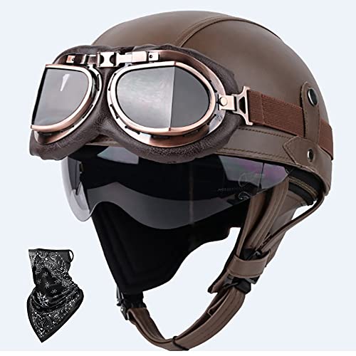 DOT/ECE Genehmigt Leder Halbschalenhelm, Retro Motorrad Halbhelm mit Brille, Schnellverschluss Schnalle, Erwachsene Halbschale Jet-Helm, Scooter-Helm, für Cruiser, Scooter(55~62CM) von Beyswage